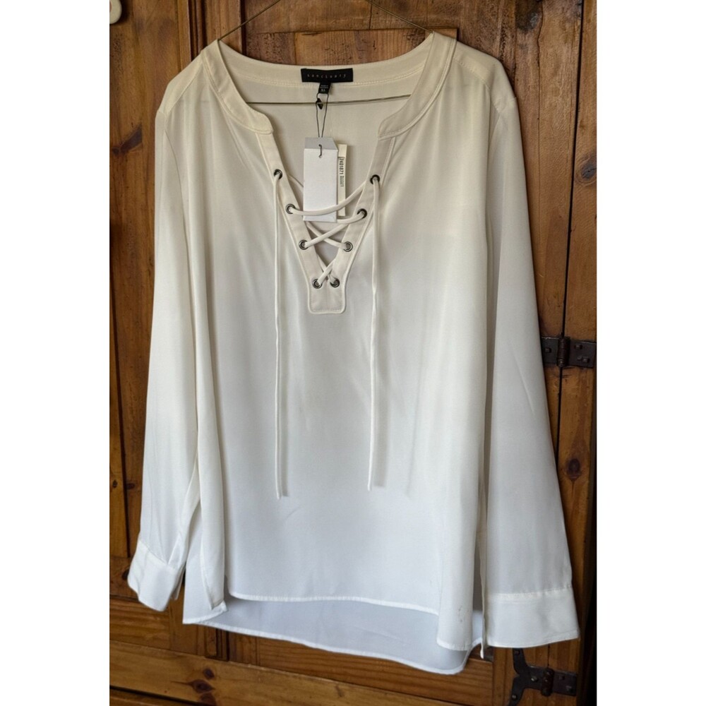 NWT Sanctuary Women's Ivory Lace Up Grommet V-Neck Long Sleeve Blouse Size XL